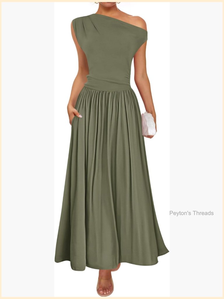 Sleeveless One Shoulder Maxi Dress With Pockets A-Line Swing Pleated Formal